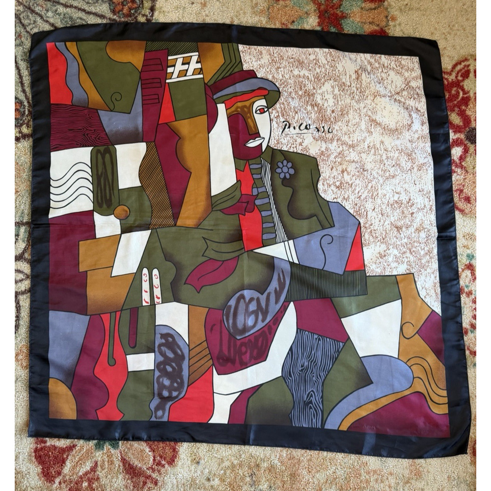 Vintage Picasso Style Scarf 34x34” Artsy heritage Satin Silk Feel - Picture 4 of 5